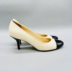 Kate Spade Shoes Womens 7.5 White Black Leather Patent Cap Toe Pumps Kitten Heel